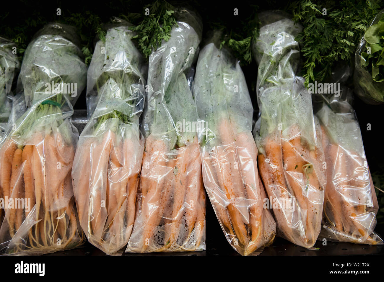 Eine Nahaufnahme von einer Fülle an frischen Karotten auf dem Display am Marktstand. Stockfoto