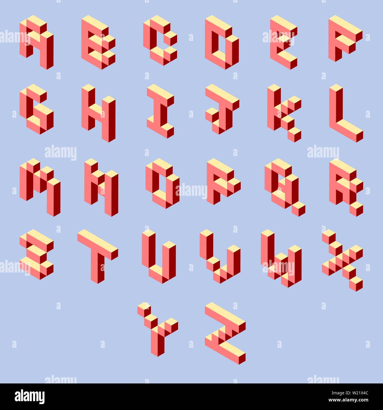 Vollständiges isometrisches 3D-Pixel-Art-Alphabet von A bis z. Rot und Gelb 16-Bit-Gaming-Schriftart isoliert auf blauem Hintergrund. Stock Vektor