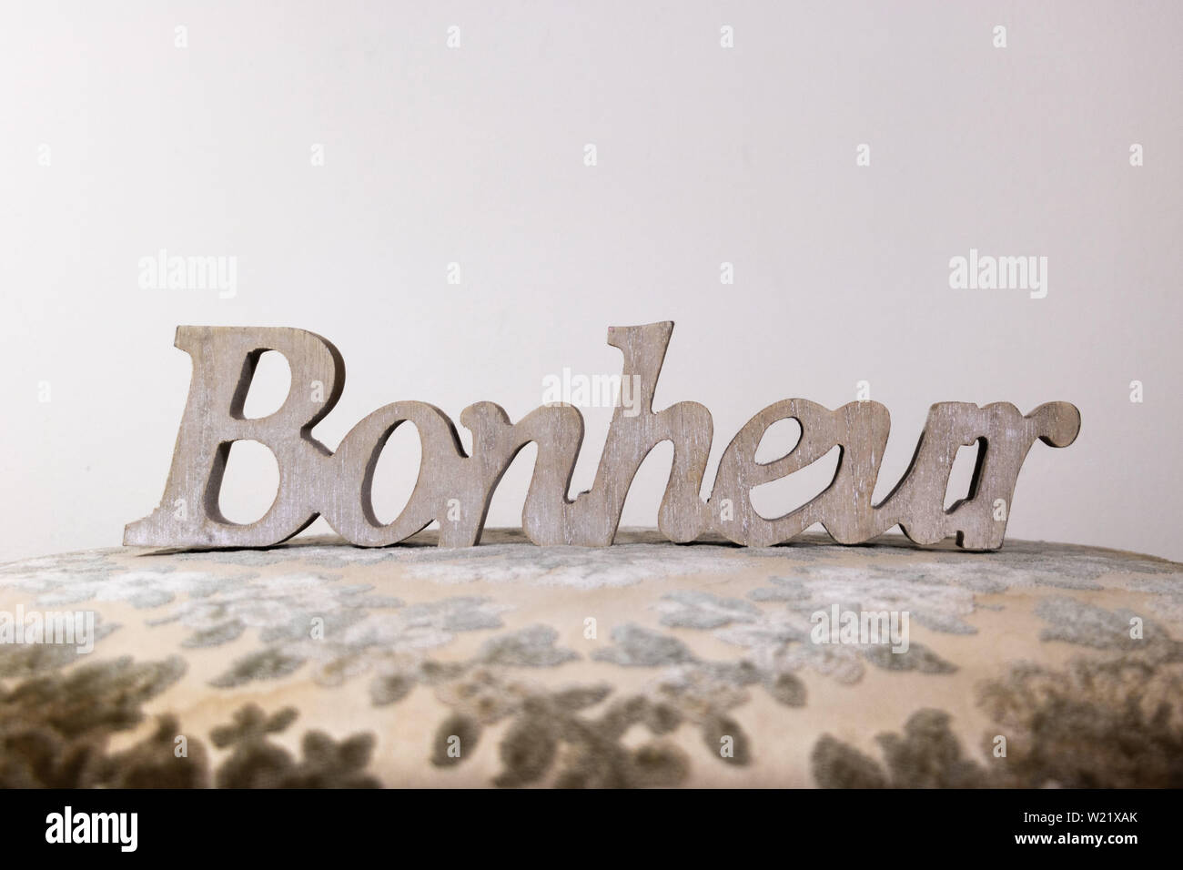 Glück, Wort in Holz geschnitzt und platziert auf einem grauen Damast (Bonheur Glück ist in französischer Sprache verfasst) Stockfoto
