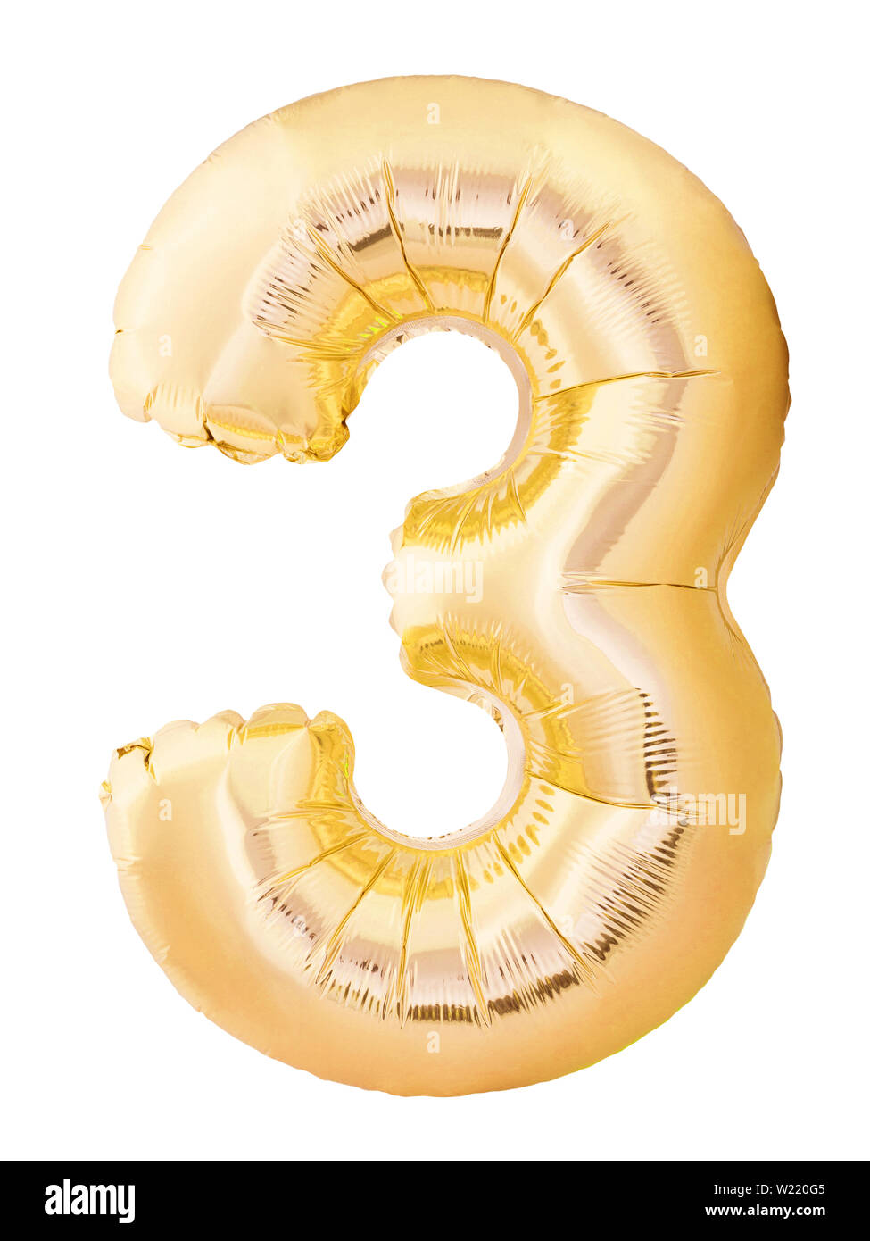 Nummer 3 Drei aus goldenen aufblasbaren Ballon auf weißem Hintergrund. Helium Ballon 3 3 Anzahl Stockfoto