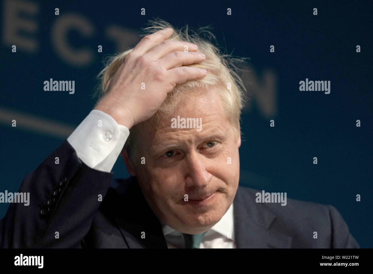 Konservative Partei Führung Kämpfer Boris Johnson während einer Tory Führung hustings bei Darlington Hippodrom. Stockfoto