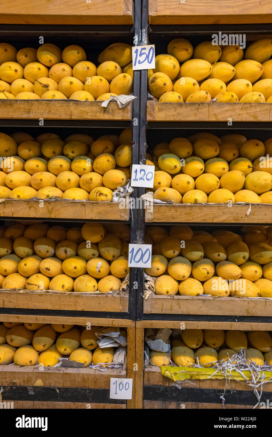 Stapel von frischem Gelb gerippt Thai mango Namen Mamuang Kaew auf Früchten angezeigt shop Abschaltdruck Stockfoto