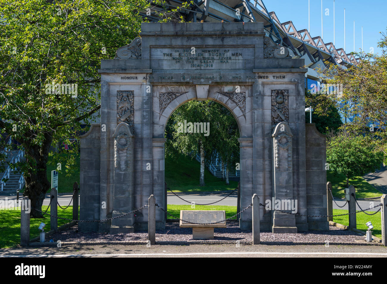 Denkmal für Scottish Rugby Spieler, die ihr Leben in den Großen Krieg und WW2 bei Murrayfield Stadion Murrayfield, Edinburgh, Schottland, Großbritannien verloren Stockfoto