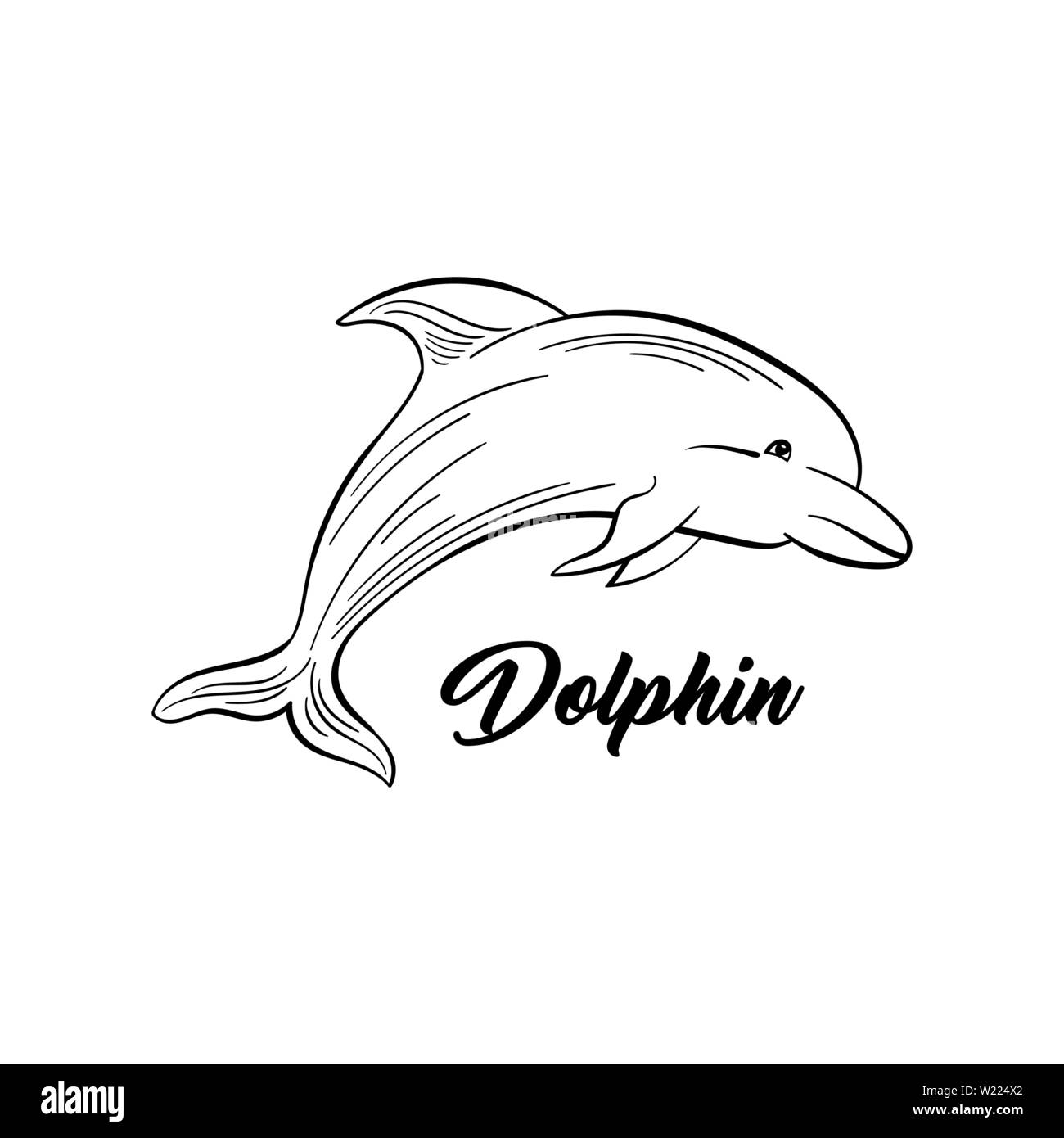 Dolphin monochrome Flachbild Vector Illustration. Meer Tier, intelligente Säugetier freehand Skizze. Salzwasser Kreatur schwarze Tinte Zeichnung. Marine Life, Fauna Vertreter skizziert Umrisse mit Beschriftung Stock Vektor