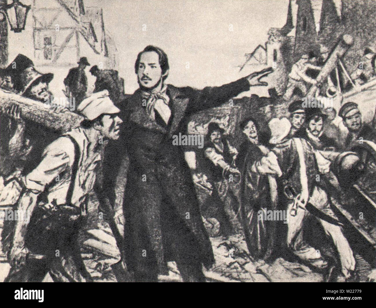 Friedrich Engels führt den Bau der Barrikaden in Elberfeld. Mai 1849. Stockfoto