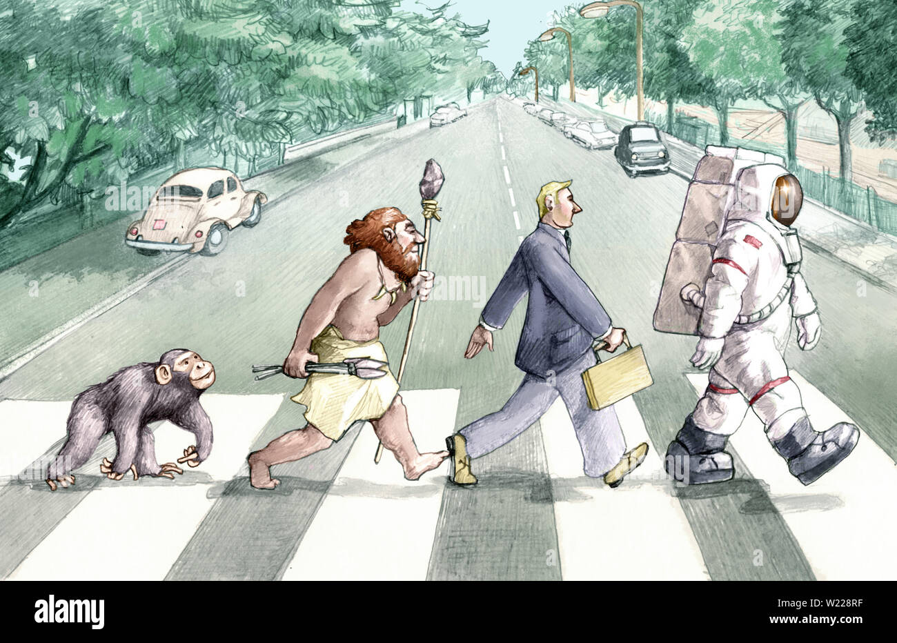 Theorie der Evolution von Affen Humor zeichnen zu Astronaut Stockfoto