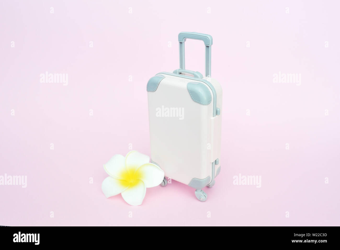 Stilvolle Koffer und weiße Blume auf rosa Hintergrund, Ansicht von oben mit Platz für Text. Konzept für Reisen Stockfoto Stilvolle Koffer und weiße Blume auf rosa Hintergrund, Ansicht von oben mit Platz für Text. Konzept für Reisen Stockfoto