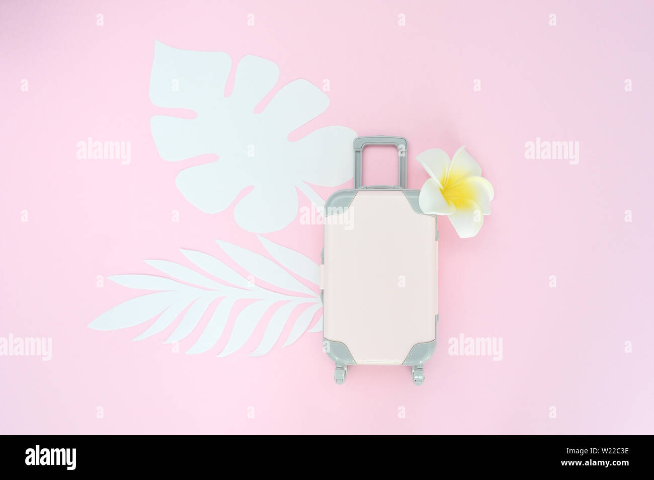 Rosa Reisekoffer auf rosa Hintergrund mit tropischen Blättern und weissen Blüten. Konzept für Reisen. Flach exotische Stockfoto Rosa Reisekoffer auf rosa Hintergrund mit tropischen Blättern und weissen Blüten. Konzept für Reisen. Flach exotische Stockfoto