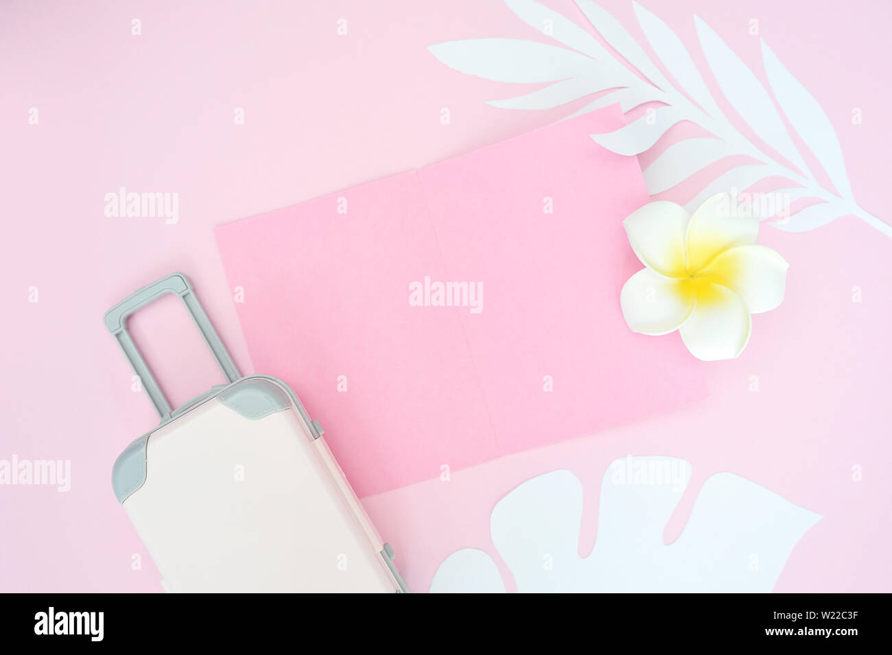 Rosa Reisekoffer auf rosa Hintergrund mit tropisch-exotischen Blättern und weissen Blüten. Für Text platzieren. Konzept für Reisen. Flach Stockfoto Rosa Reisekoffer auf rosa Hintergrund mit tropisch-exotischen Blättern und weissen Blüten. Für Text platzieren. Konzept für Reisen. Flach Stockfoto