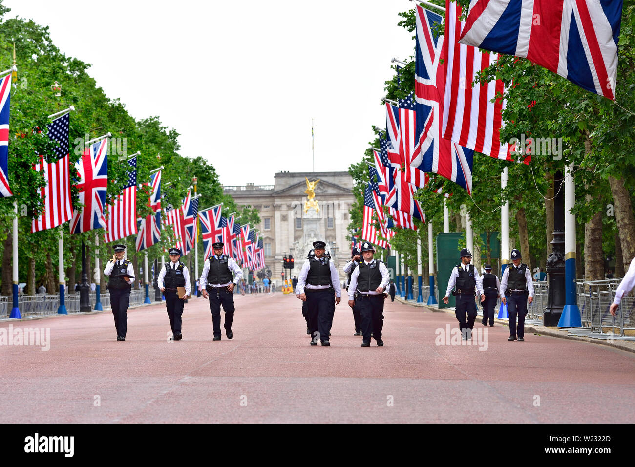 London, England, UK. Metropolitan Polizisten sind im Einsatz um die Mall während Donald Trump Staatsbesuch, 3. Juni 2019 Stockfoto