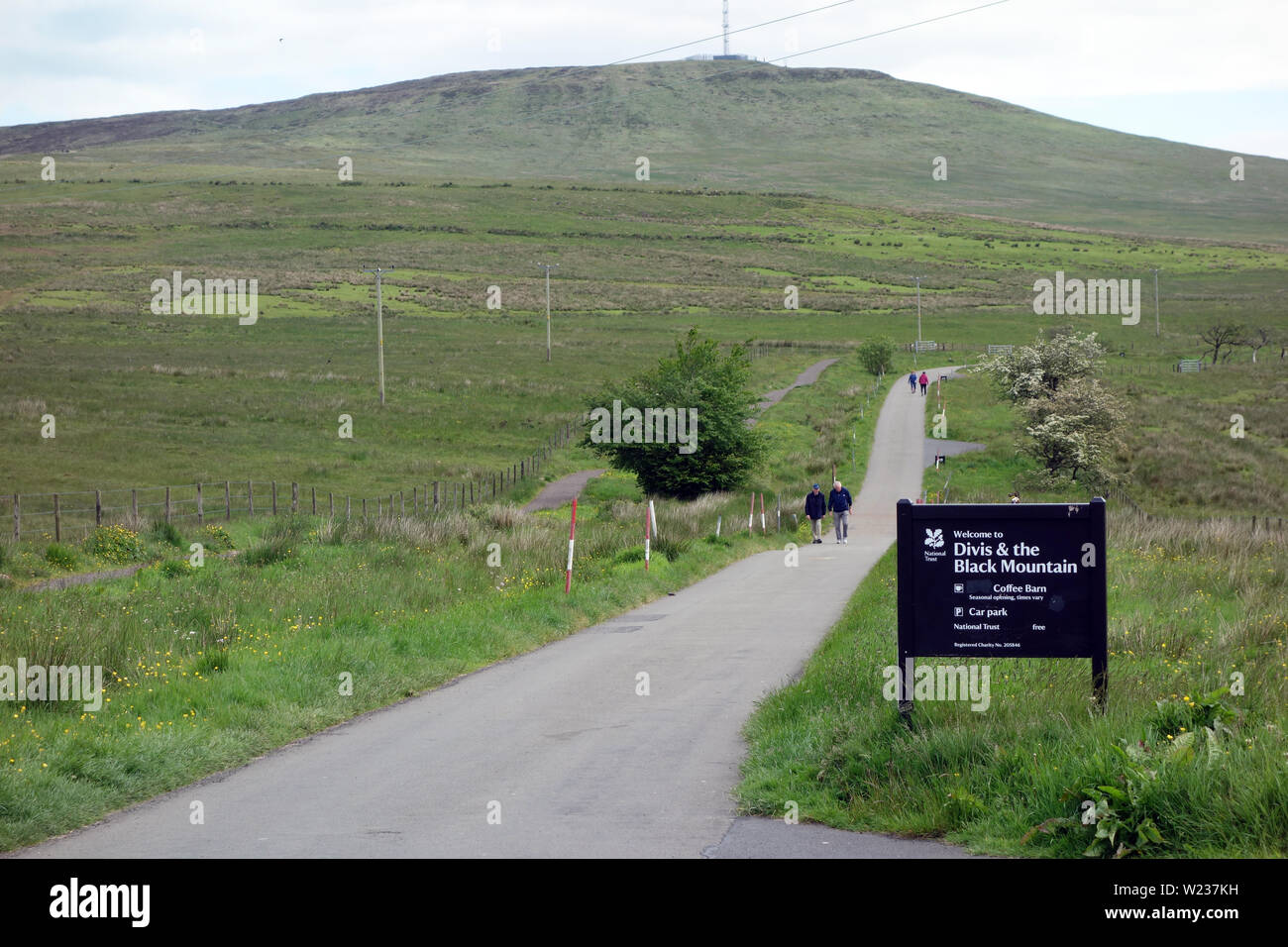 Menschen zu Fuß durch die Holz- Zeichen für die Divis & Black Mountain Trails in der Nähe von Belfast in County Antrim, Nordirland, Großbritannien. Stockfoto