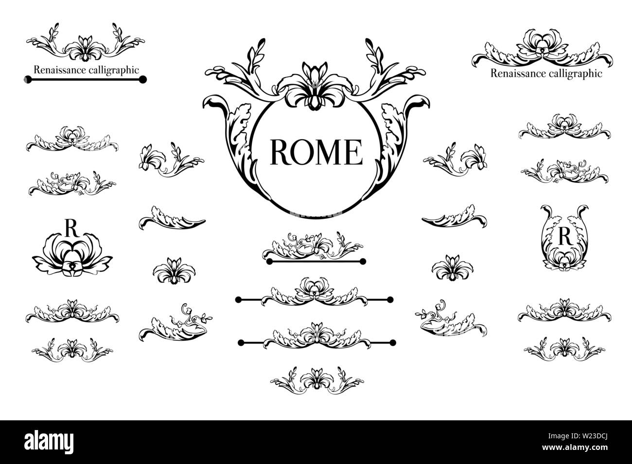 Vektor kalligrafischer Designelemente, Seite Dekor, Trennwände und verzierten headpieces. Rom stil Kalligraphie. Stock Vektor