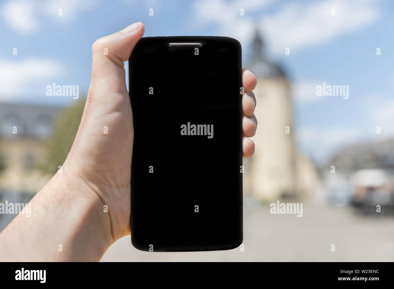 Plain Smartphone mit Textfeld Hintergrund Stockfoto