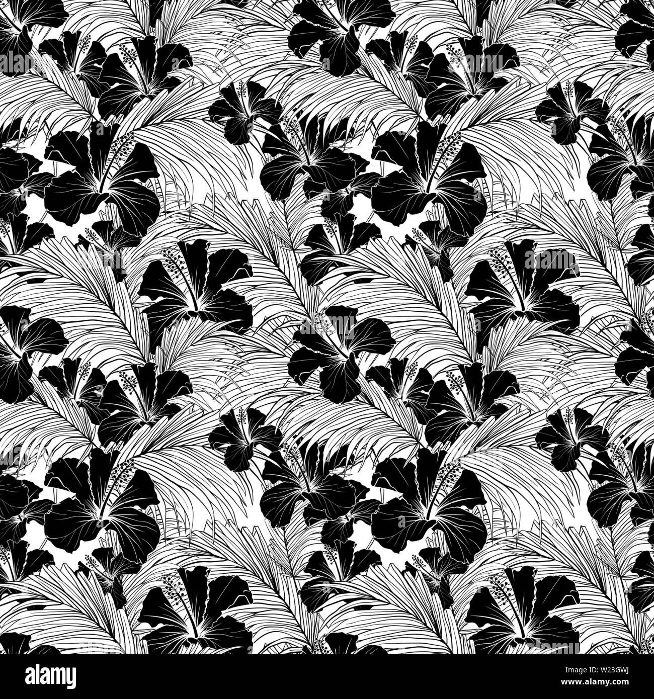 Chinesische Rose Vector nahtlose Muster. Blühenden Hibiscus und exotischen Palmen Laub schwarzen und weißen Hintergrund. Tropische Blume Blüte vintage Hand gezeichnet Abbildung. Tapeten, textile Design Stock Vektor