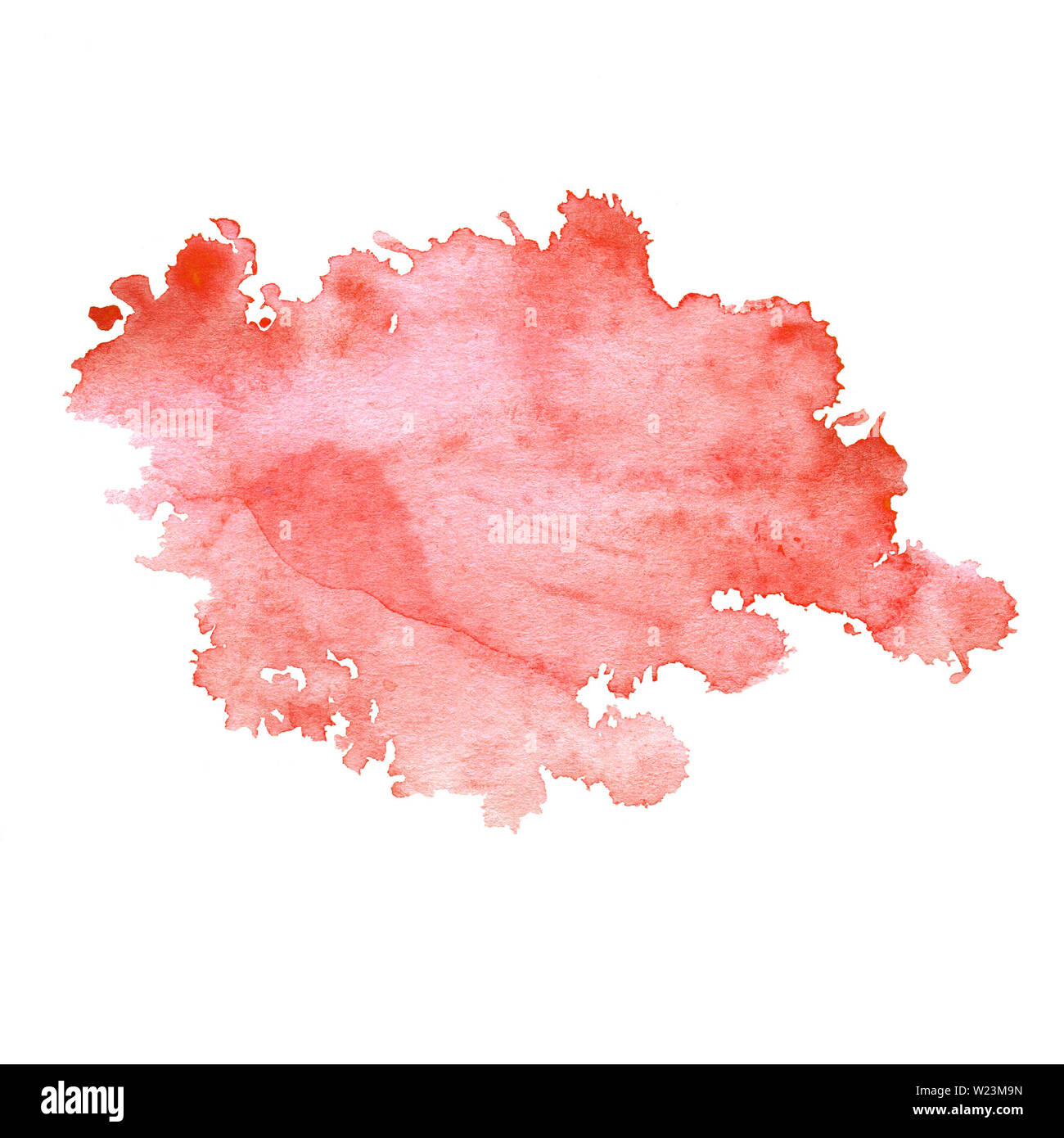 Aquarell Fleck rot mit Spritzer und Flecken. Eine isolierte scharlachroten Fleck auf einem weißen Hintergrund. Hell crimson Blot von Hand gezeichnet. Stockfoto