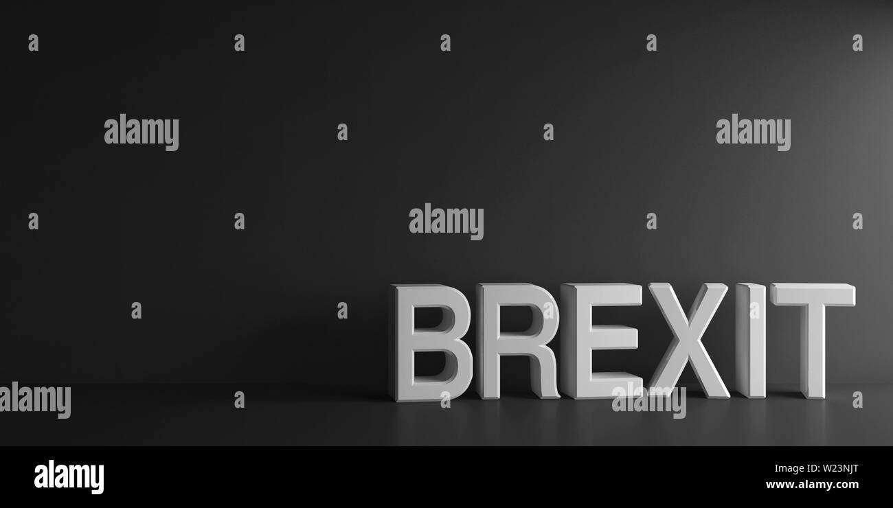 Weiß Wort Brexit auf grauem Hintergrund, 3D-Rendering, 3D-Darstellung Stockfoto