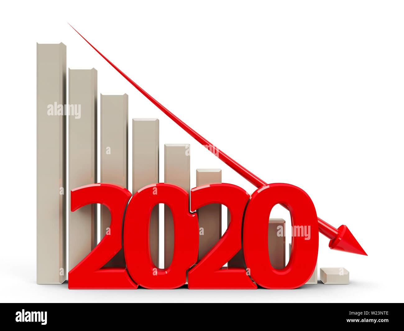 Red Business graph mit rotem Pfeil abwärts, stellt Rückgang im Jahr 2020, 3D-Rendering, 3D-Darstellung Stockfoto