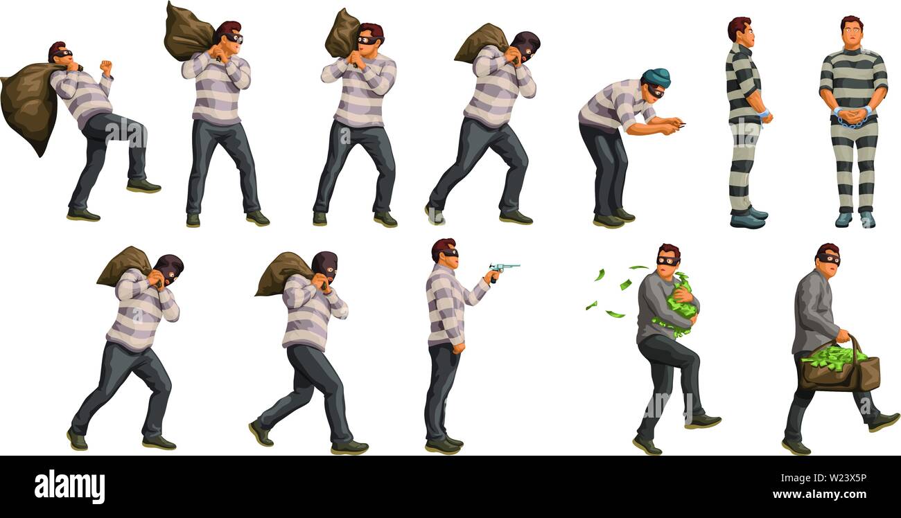 Dieb mit Tasche von Cash einstellen Stock Vektor