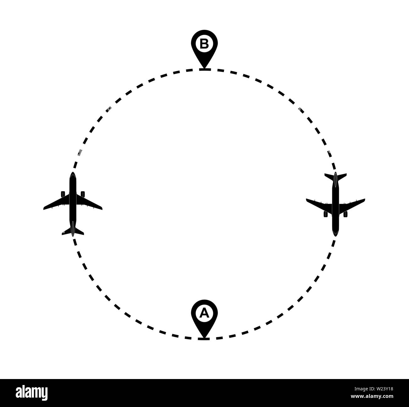 Route der Flugzeuge vom Punkt A nach B die Silhouette des Flugzeugs und die gestrichelte Linie der Route ein einfaches Design. Stock Vektor