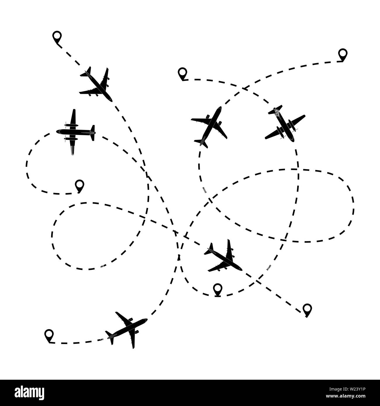 Route der Flugzeuge vom Punkt A nach B die Silhouette des Flugzeugs und die gestrichelte Linie der Route ein einfaches Design. Stock Vektor