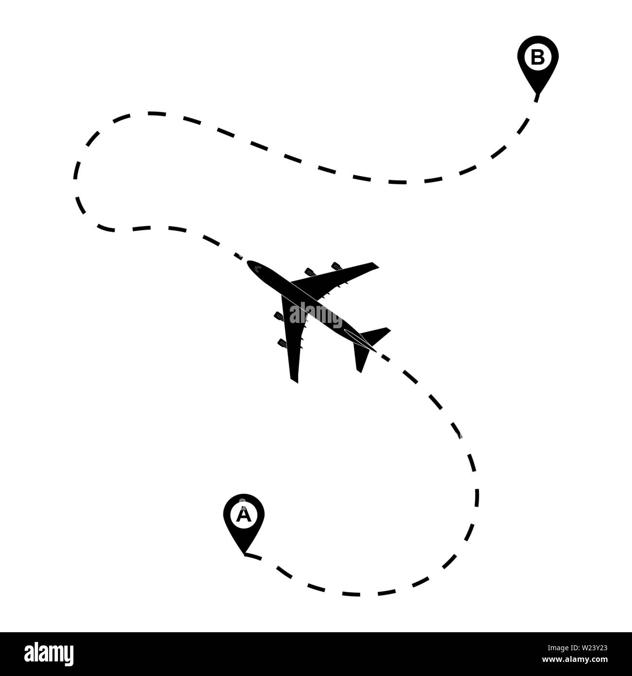 Route der Flugzeuge vom Punkt A nach B die Silhouette des Flugzeugs und die gestrichelte Linie der Route ein einfaches Design. Stock Vektor