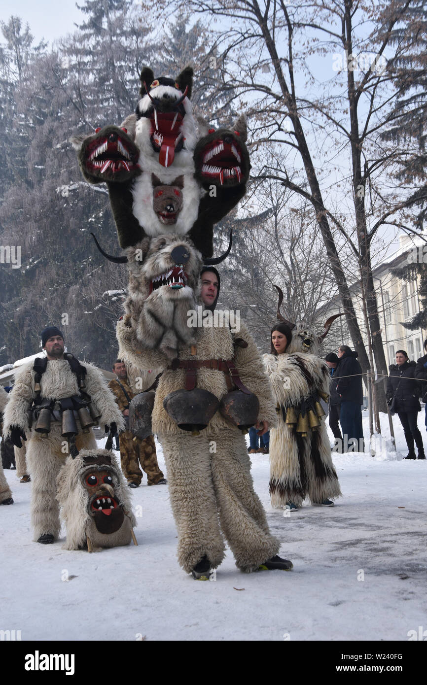 Razlog, Bulgarien - 12. Januar 2019: Volksfest in Starchevata und Maskerade. Die Leute kleideten sich als Kukeri auf der verschneiten Straße der Stadt Stockfoto