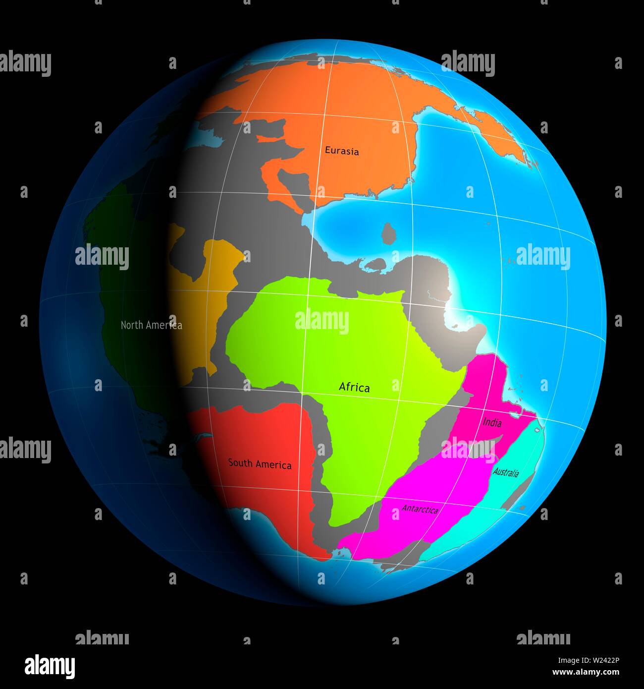 Darstellung der Welt, wenn es in einem einzigen riesigen Kontinent, bekannt als Pangaea bedeckt war. Einige der bekannteren Landmassen und Kontinente sind s Stockfoto