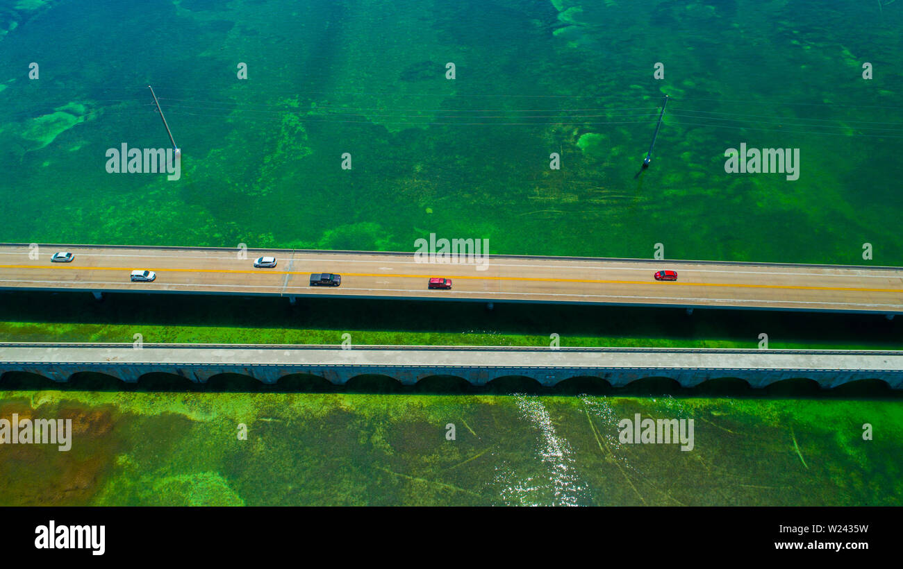 Seven Mile Bridge. Endlose Straße, Luftaufnahme, Florida Keys. USA. Stockfoto