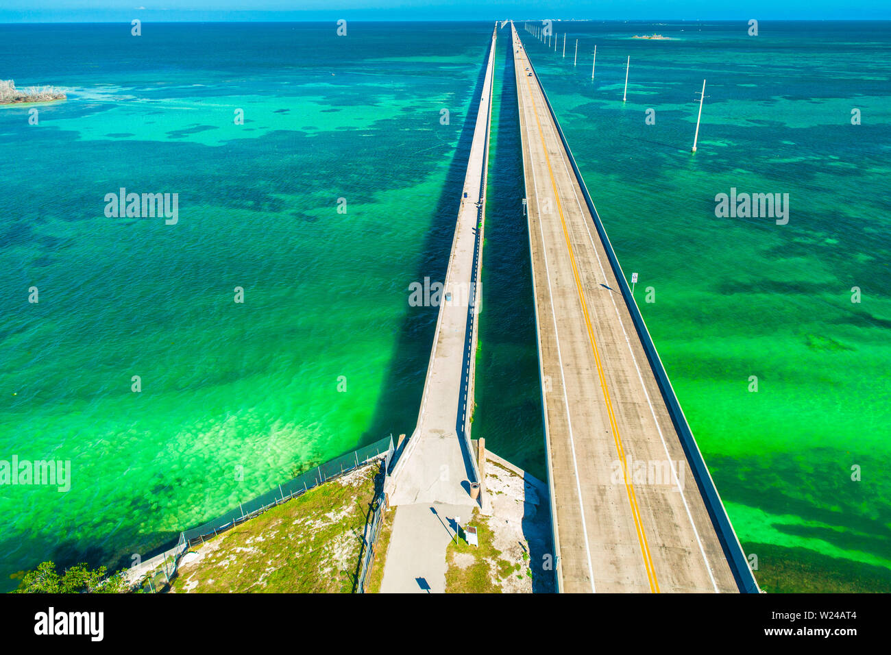 Seven Mile Bridge. Endlose Straße, Luftaufnahme, Florida Keys. USA. Stockfoto