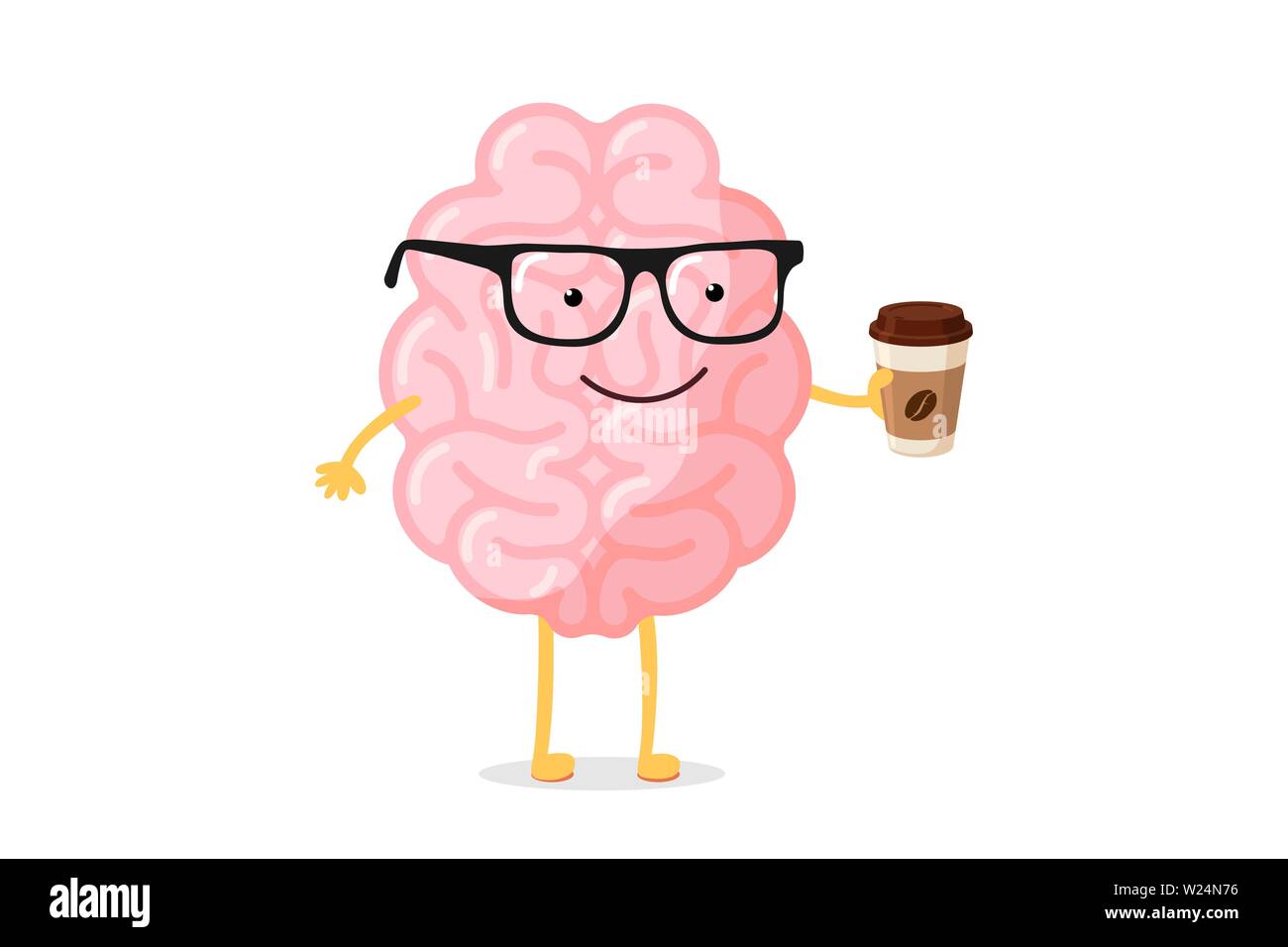 Cartoon smart glücklich lächelnd menschlichen Gehirn Charakter mit Gläsern hält Tasse heißen Getränk Kaffee oder Tee. Zentrale Nervensystem Organ aufwachen Guten Morgen lustiges Konzept. Flache Vektorgrafik Stock Vektor