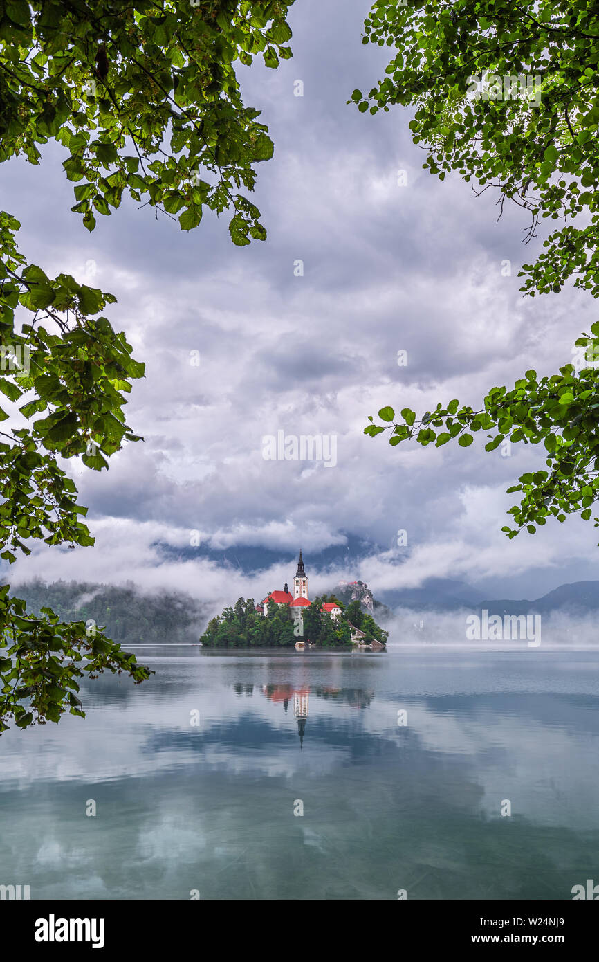 Bled, Slowenien - Schönen Bleder See (Blejsko Jezero) mit der Wallfahrtskirche Mariä Himmelfahrt der Maria auf einer kleinen Insel und die Burg von Bled und Juli Stockfoto