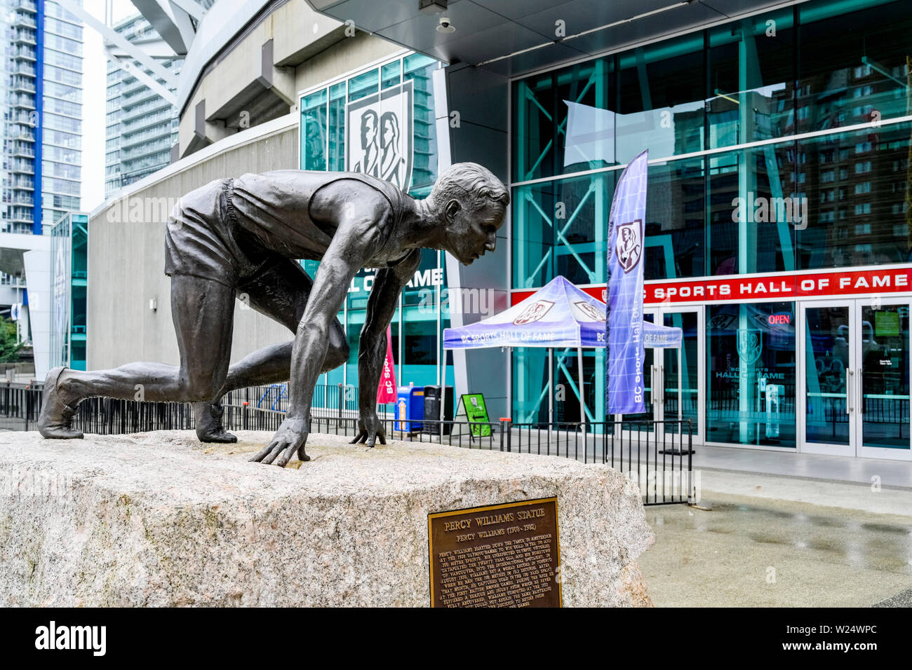 Sprinter Percy Williams Statue, BC Sports Hall of Fame, Vancouver, British Columbia, Kanada Stockfoto