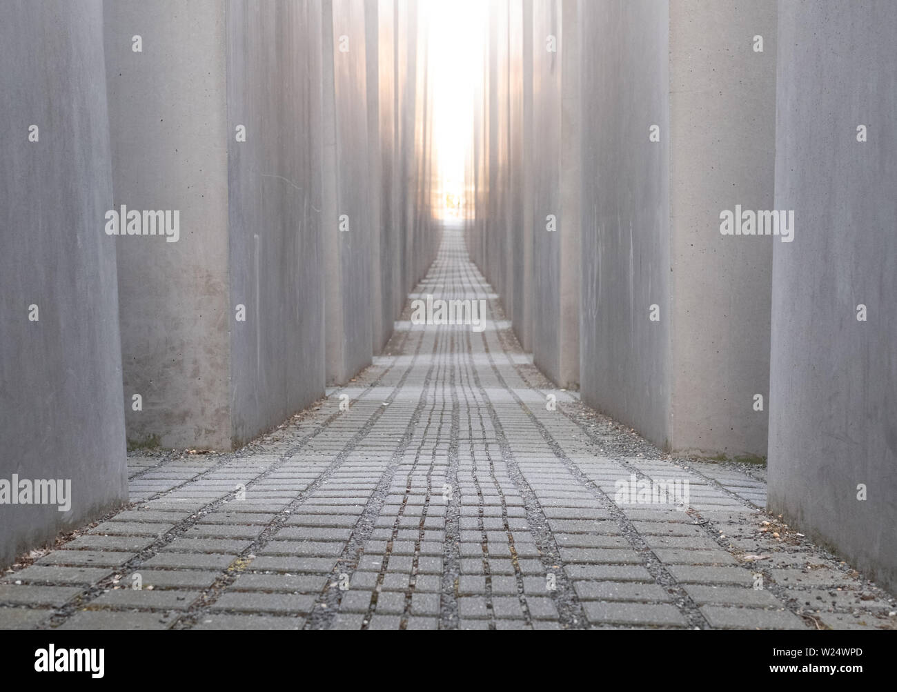 Betonplatten am Denkmal für die ermordeten Juden Europas von Peter Eisenman. Das Denkmal ist in der späten Nachmittagssonne fotografiert. Stockfoto
