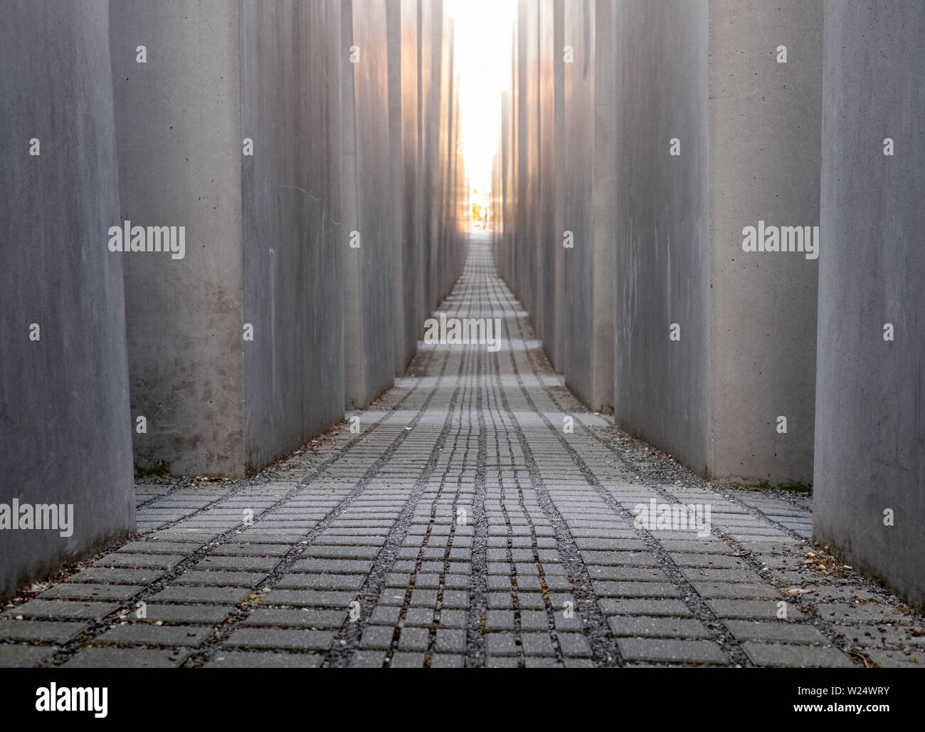 Betonplatten am Denkmal für die ermordeten Juden Europas von Peter Eisenman. Das Denkmal ist in der späten Nachmittagssonne fotografiert. Stockfoto