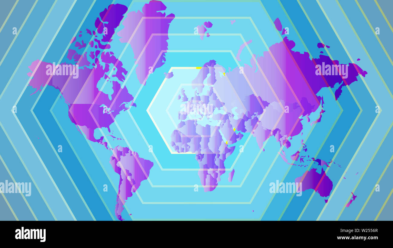 Detaillierte Weltkarte mit allen Ländern und subcontinents. Abbildung: Globus Karte mit geometrischen Formen Muster eingeführt. Stockfoto