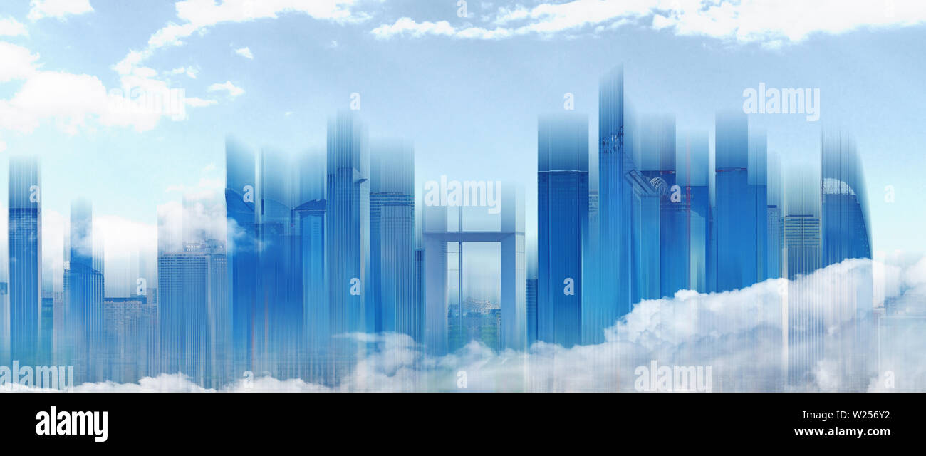 Abstrakte moderne Gebäude Skyline der Stadt mit blauem Himmel und weißen Wolken. Abstrakte Stadt Hintergrund Stockfoto