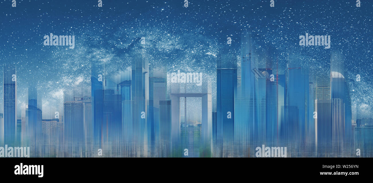 Futuristische Stadt bei Nacht mit Sternenhimmel Hintergrund. Abstrakte Moderne blaue Gebäude Hintergrund Stockfoto