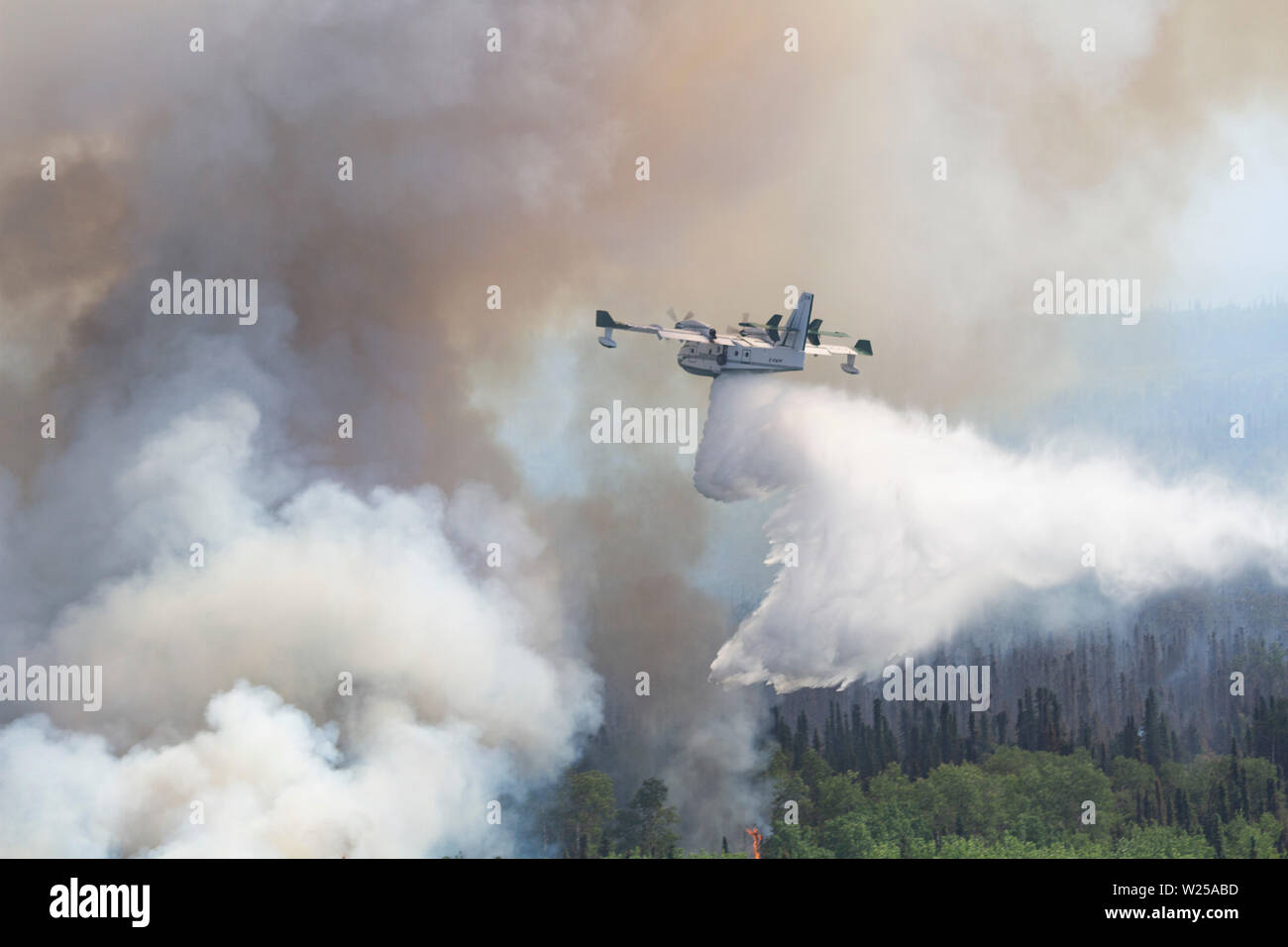 Alaska Army National Guard UH-60 Blackhawk Mannschaften von 1-207 th Aviation Arbeiten zur Unterstützung der Abteilung der Forstwirtschaft Besatzungen ein wildfire bei Montana Creek in der Nähe von Talkeetna, Alaska Juli 4, 2019 zu kämpfen. (U.S. Army National Guard Foto von SPC. Michael Risinger/Freigegeben) Stockfoto