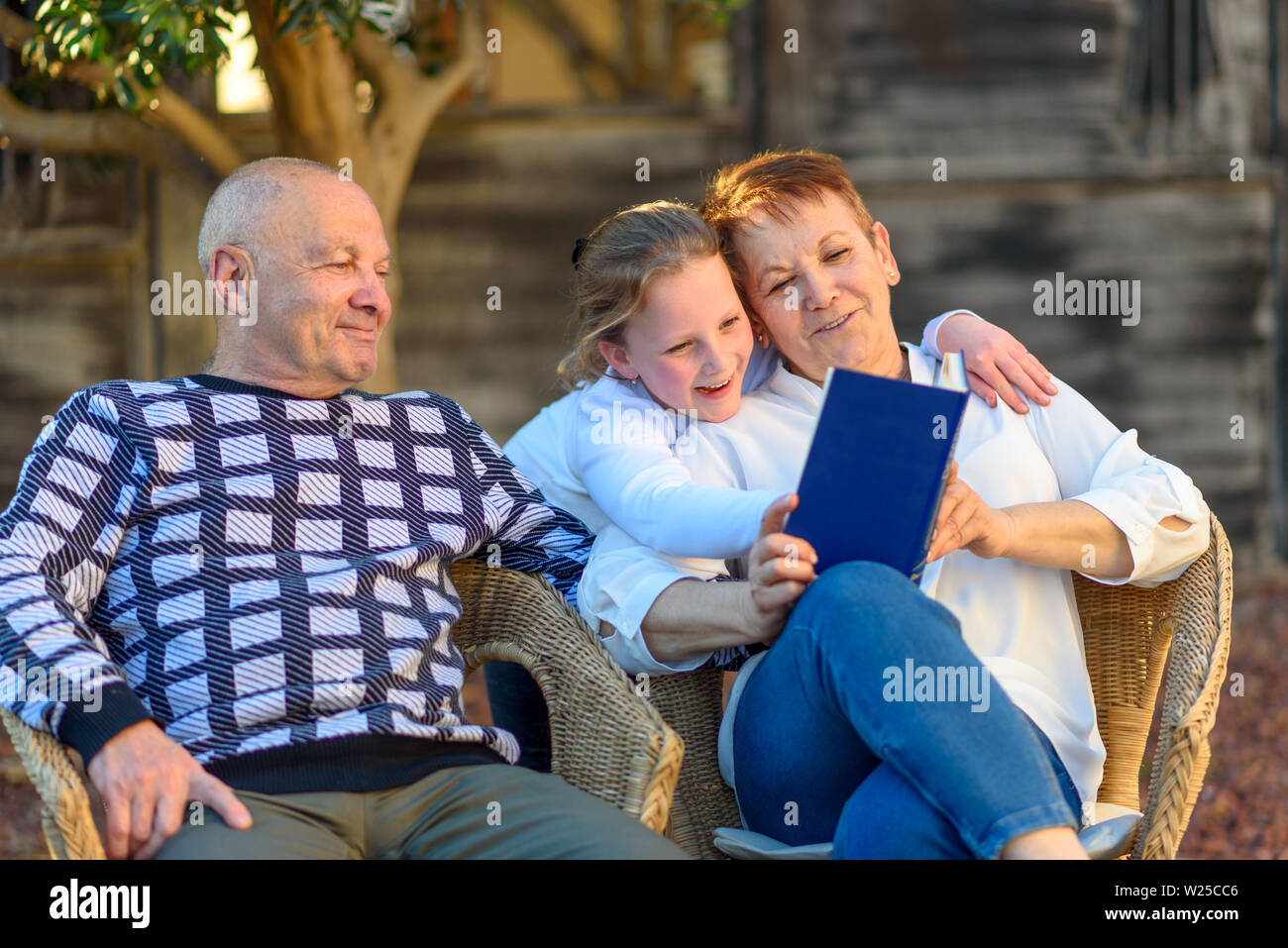 Schönes glückliches Ehepaar und Enkelin ein Buch lesen gemeinsam in der Natur im Sommer. Stockfoto