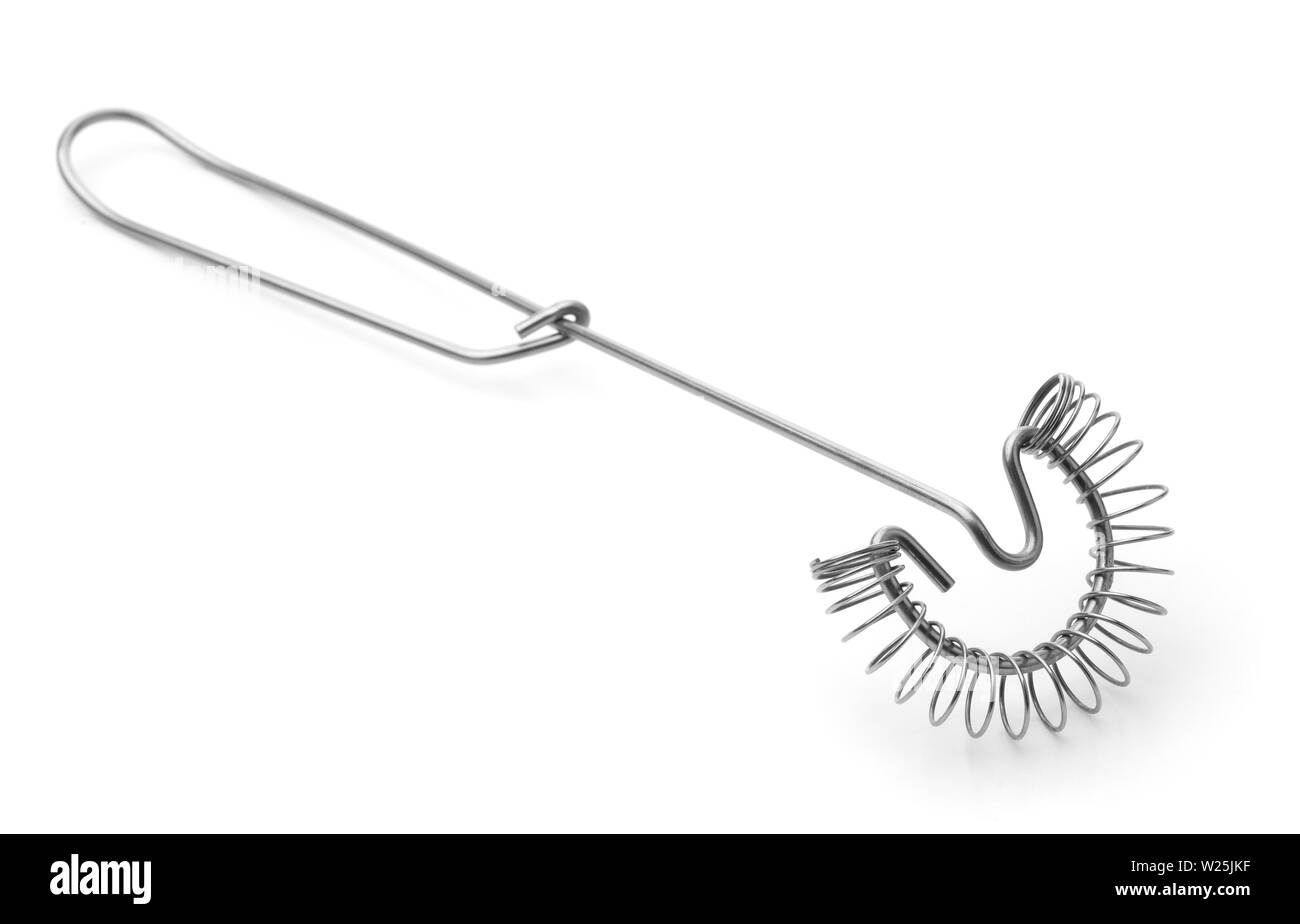 Edelstahl Küche Feder Schneebesen isoliert auf weißem Stockfoto