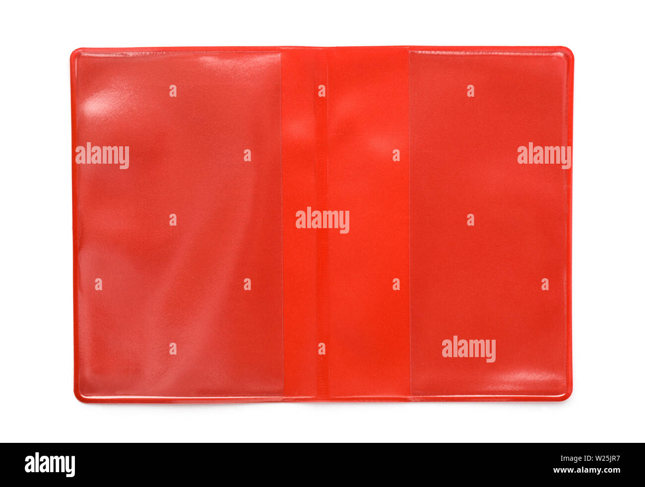 Buchen Sie die Schutzabdeckung aus rotem Kunststoff isoliert auf weißem Stockfoto