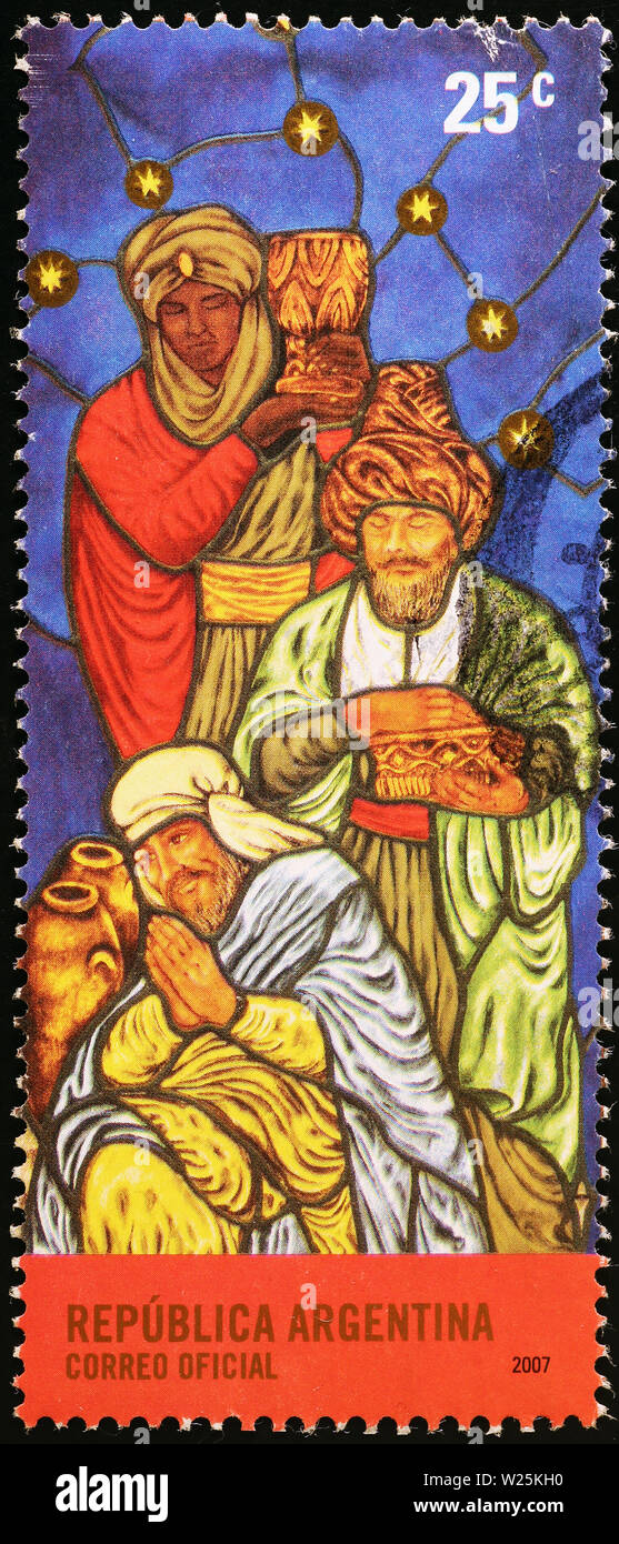 Drei Könige in Glasfenster, Stempel der Argentinien Stockfoto