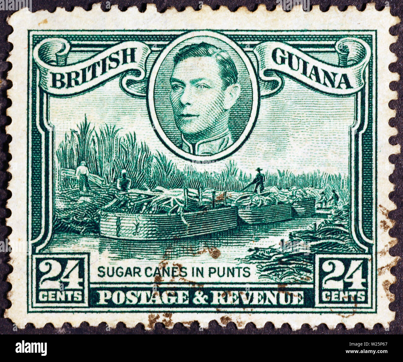 Zuckerrohr Ernte auf Briefmarke von British Guyana Stockfoto