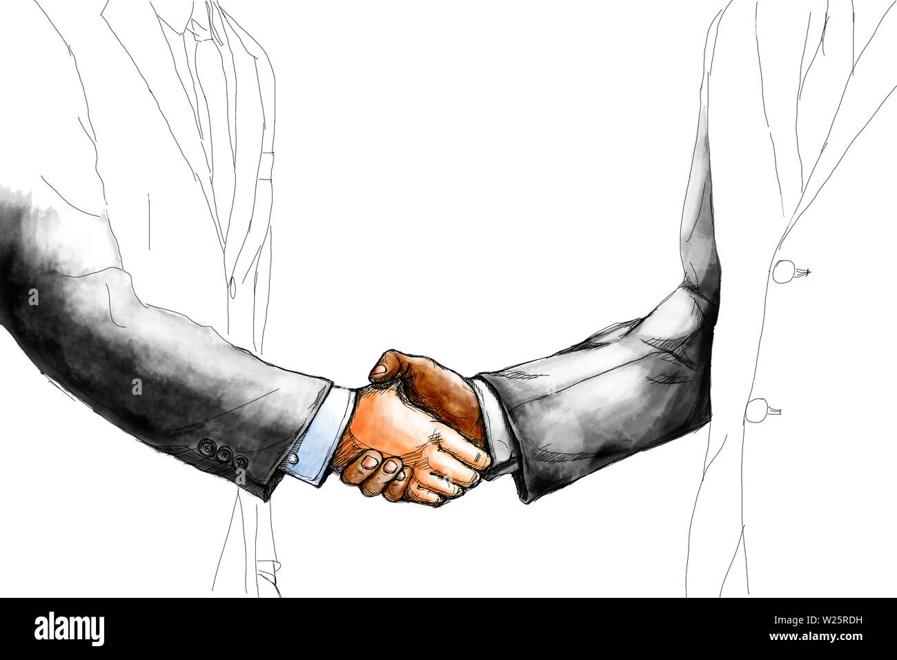 Kreative Zeichnung Skizze von zwei Geschäftsmann zitternden Hand gegenseitig für einen Deal machen. Nach der Einigung auf weißem Hintergrund Stockfoto