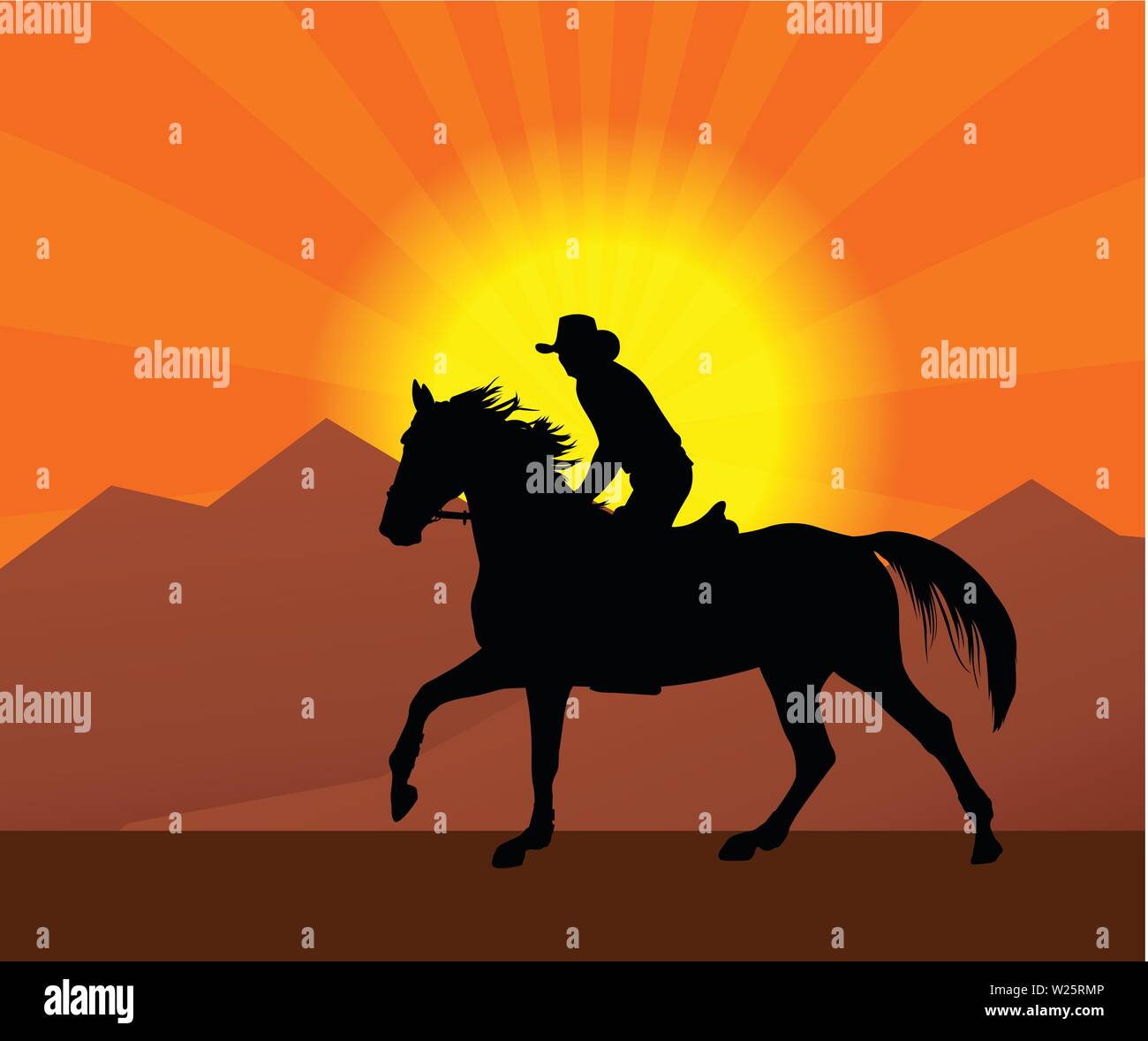 Cowboy reiten ein Pferd in einem Sonnenuntergang Silhouette-Vektor Stock Vektor