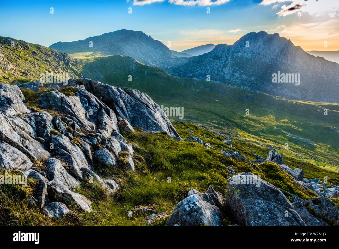 Abendlicht auf Tryfan Berg in Snowdonia, North Wales, UK Stockfoto