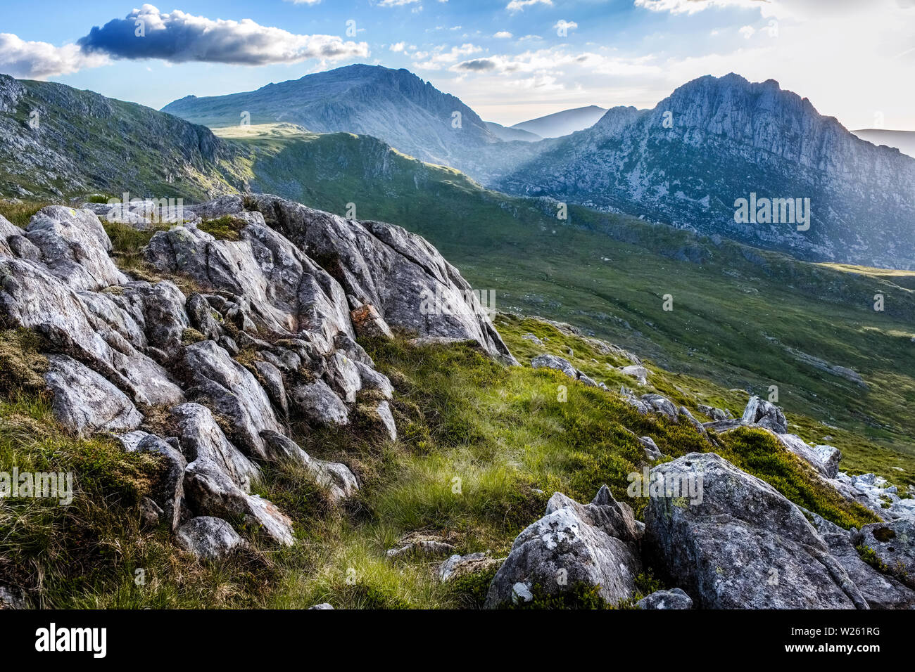 Abendlicht auf Tryfan Berg in Snowdonia, North Wales, UK Stockfoto