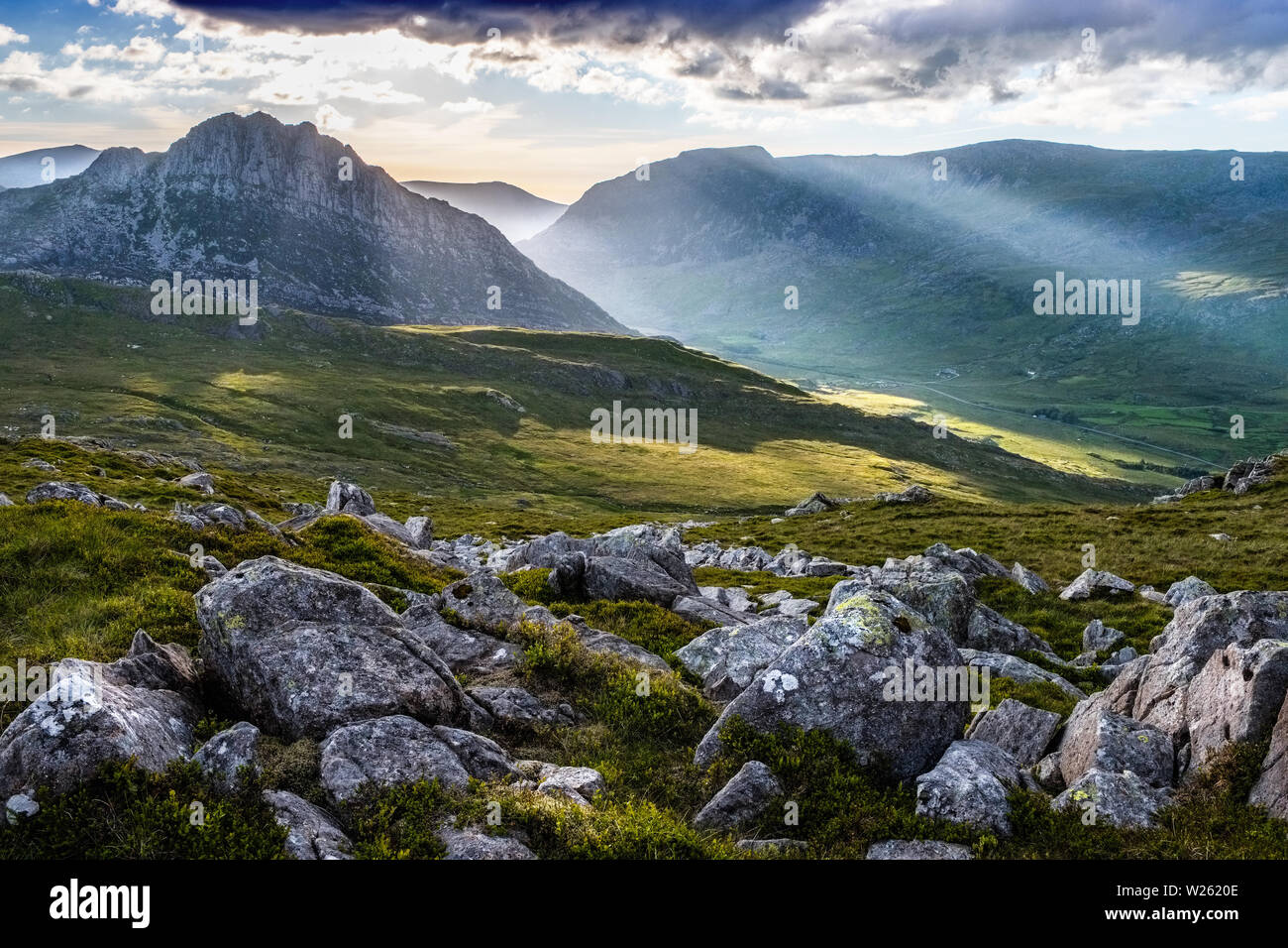 Abendlicht auf Tryfan Berg in Snowdonia, North Wales, UK Stockfoto