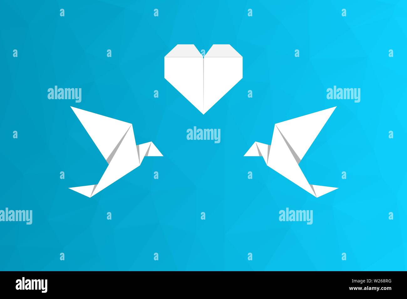 Zwei weiße origami Vögel in der Liebe. Vögel und Herzen auf Blau Low Poly Hintergrund. Valentinstag Konzept, liebe Grußkarte. Origami Tauben. Vektor Stock Vektor