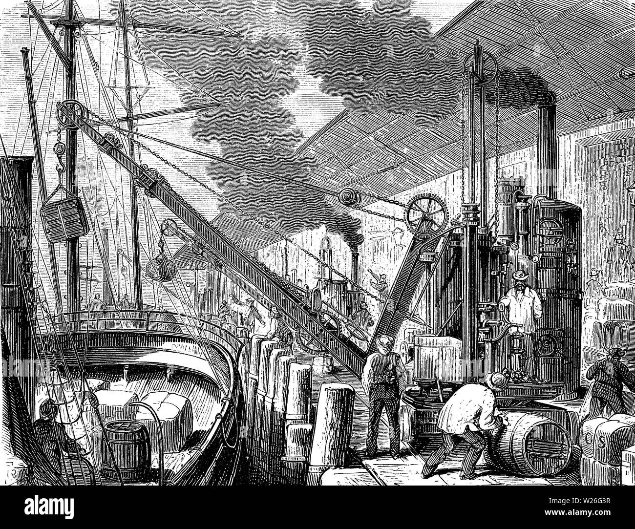 Dampf Krane bei der Arbeit Be- und Entladen von Schiffen an einer Pier des Hamburger Hafens, 19. Jahrhundert Stockfoto